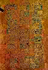 Signos de la escritura maya procedentes de un mural de Uaxactun.  Fuente: A. Ciudad, Los mayas, col. biblioteca iberoamericana, Anaya, Madrid, 1988. p. 83)