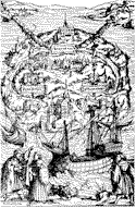 Mapa idealizado de Utopía, según la edición de Basilea, noviembre de 1518, de la obra de Tomás Moro. (Fuente: Tomás Moro, "Utopía", Alianza, Madrid, 1985, p. 65)